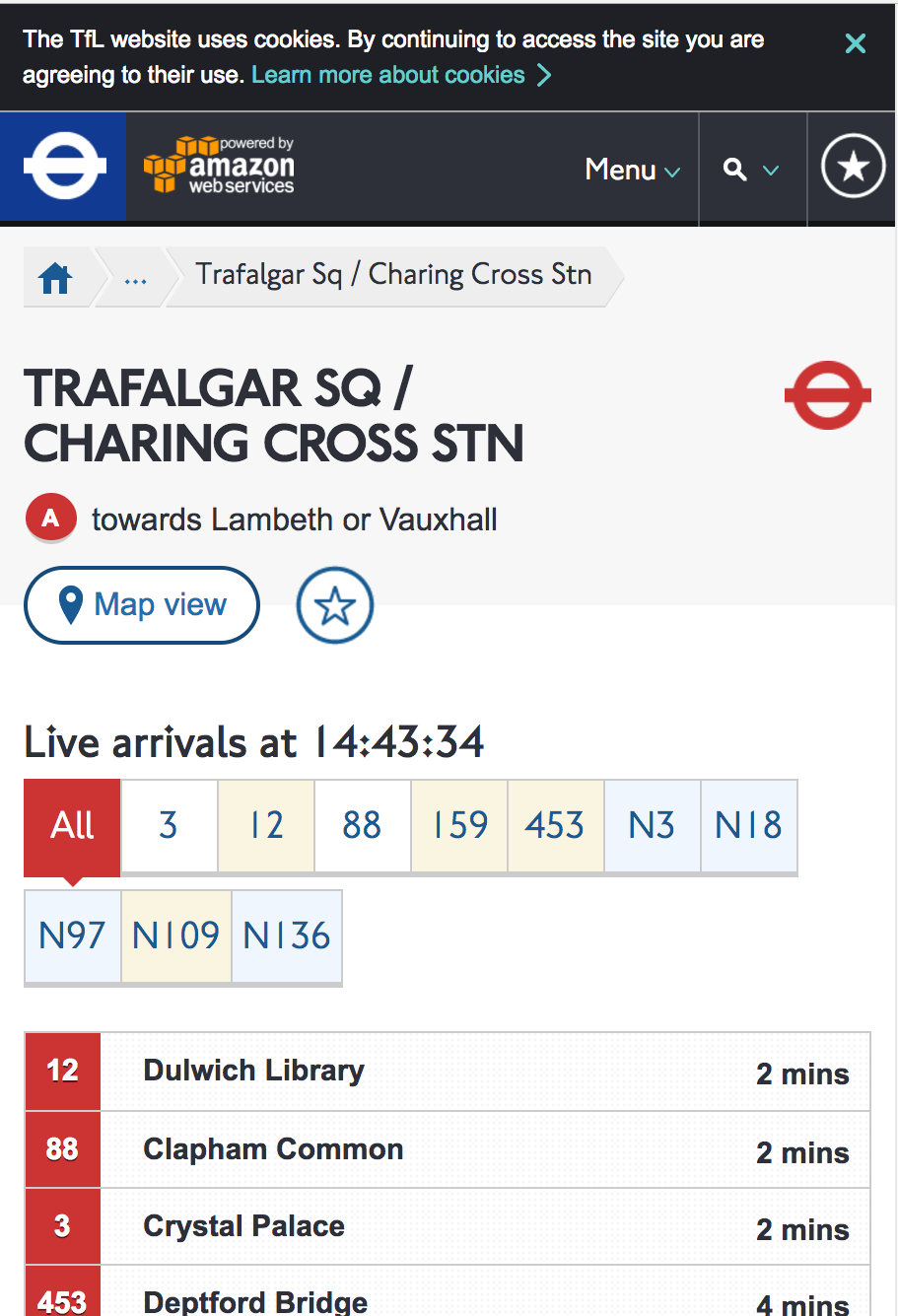 TFL Bus Arrivals page